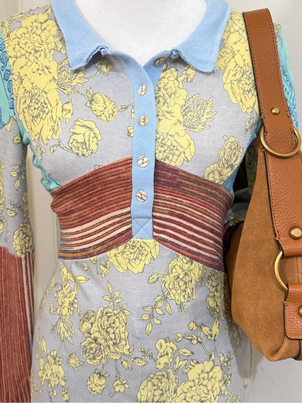 Bucketlist Floral Patchwork Henley Top Blue Yellow Boho Made in USA Size Small - Picture 5 of 9
